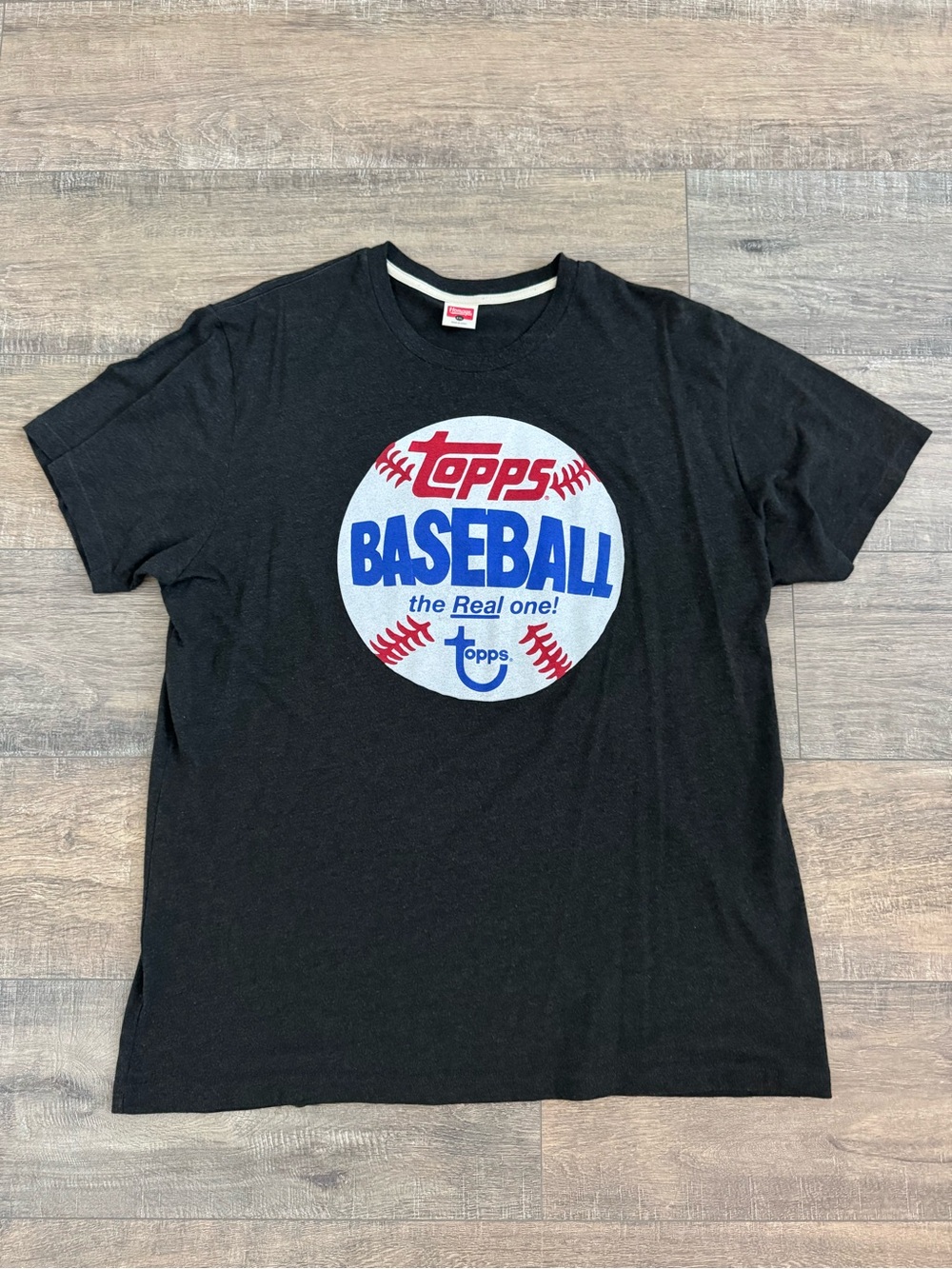 Topps Black Baseball Graphic Tee with Blue and Red Logo